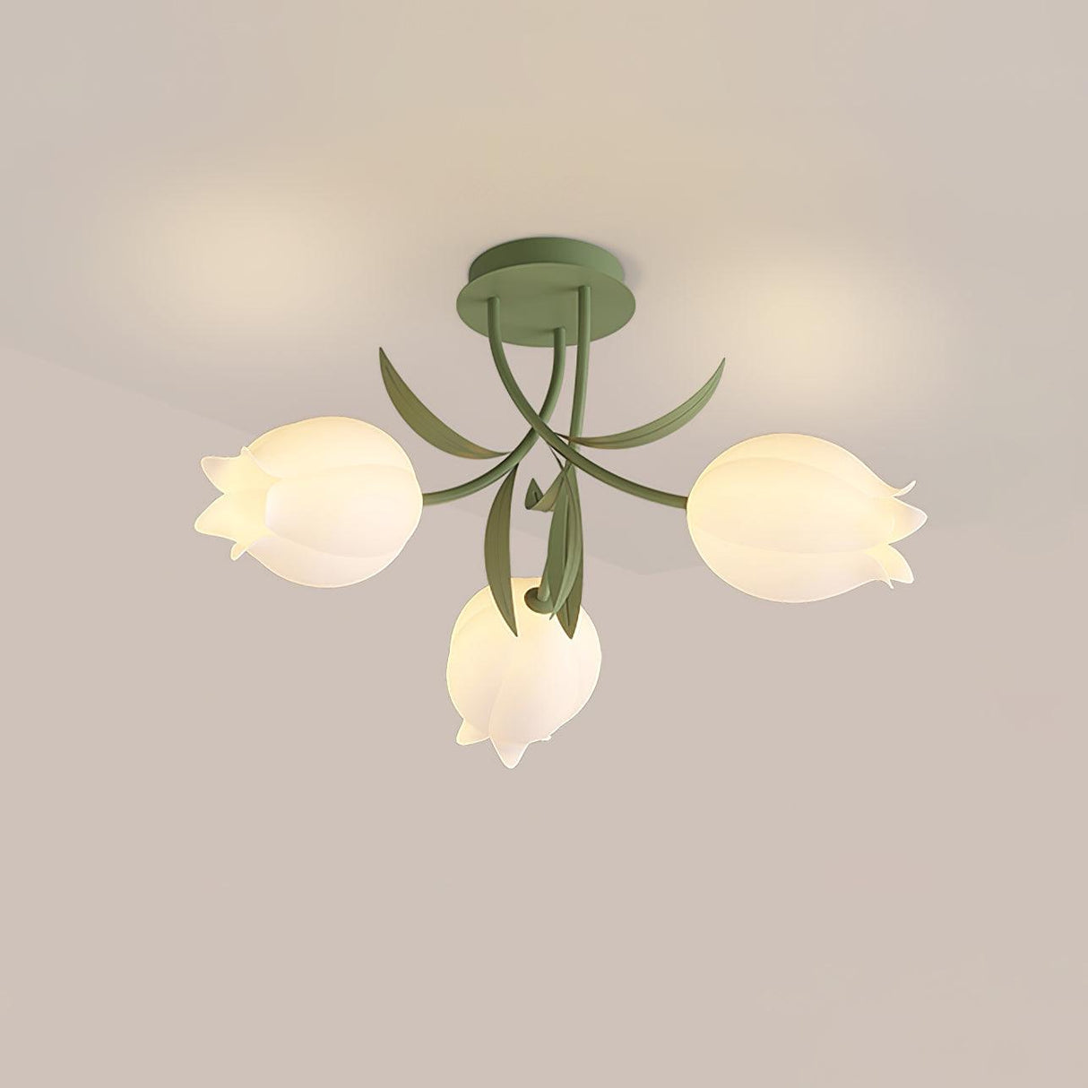 Floral Ceiling Light White Tulip Glass Shades With Green Metal Base - Product detail 44