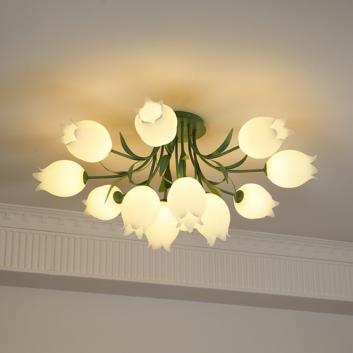 Floral Ceiling Light White Tulip Glass Shades With Green Metal Base - Product detail 36