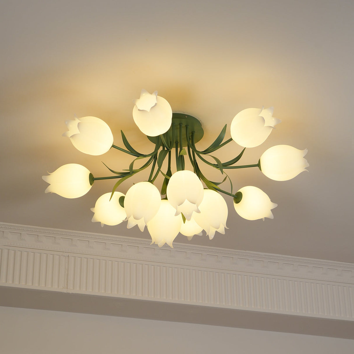 Floral Ceiling Light White Tulip Glass Shades With Green Metal Base - Product detail 38