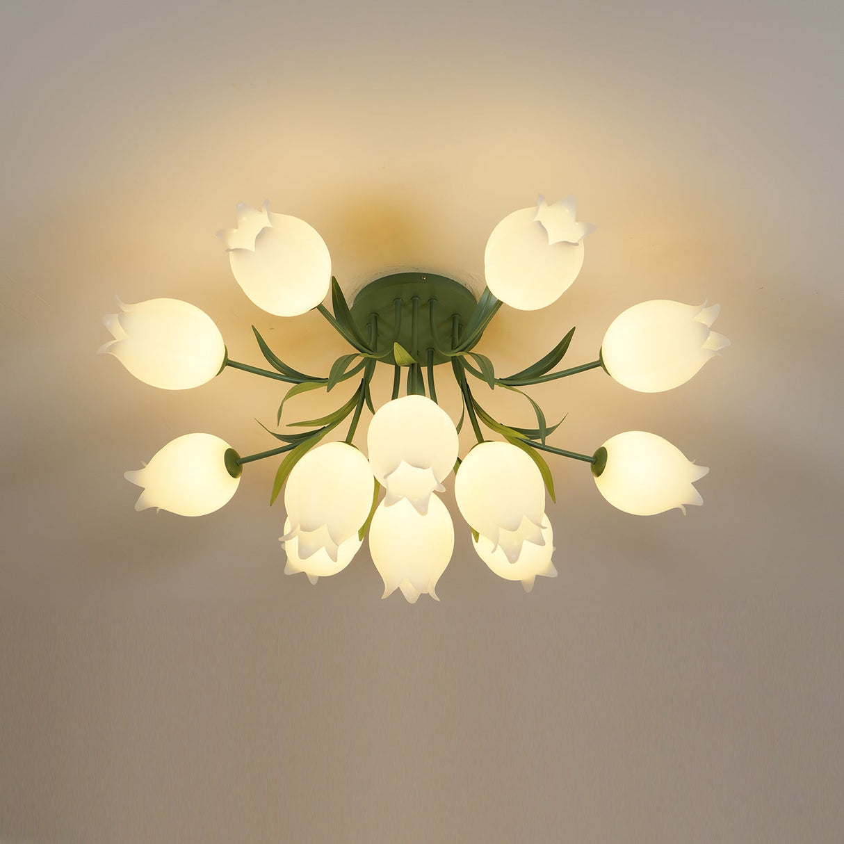 Floral Ceiling Light White Tulip Glass Shades With Green Metal Base - Product detail 40