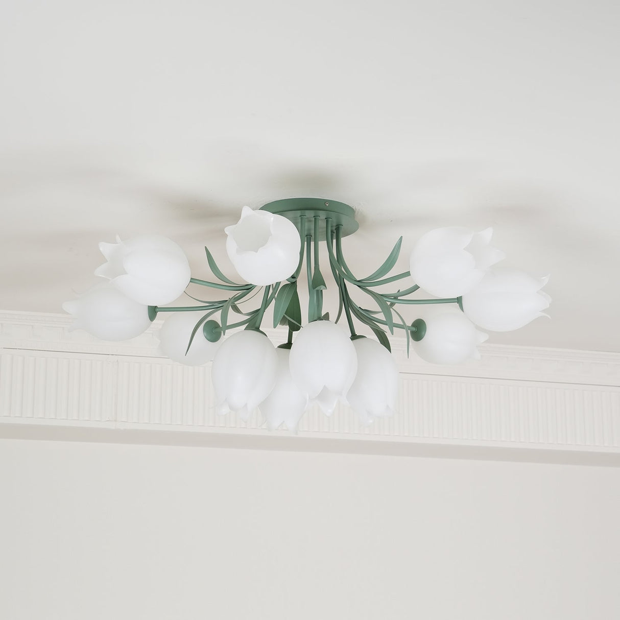Floral Ceiling Light White Tulip Glass Shades With Green Metal Base - Product detail 29