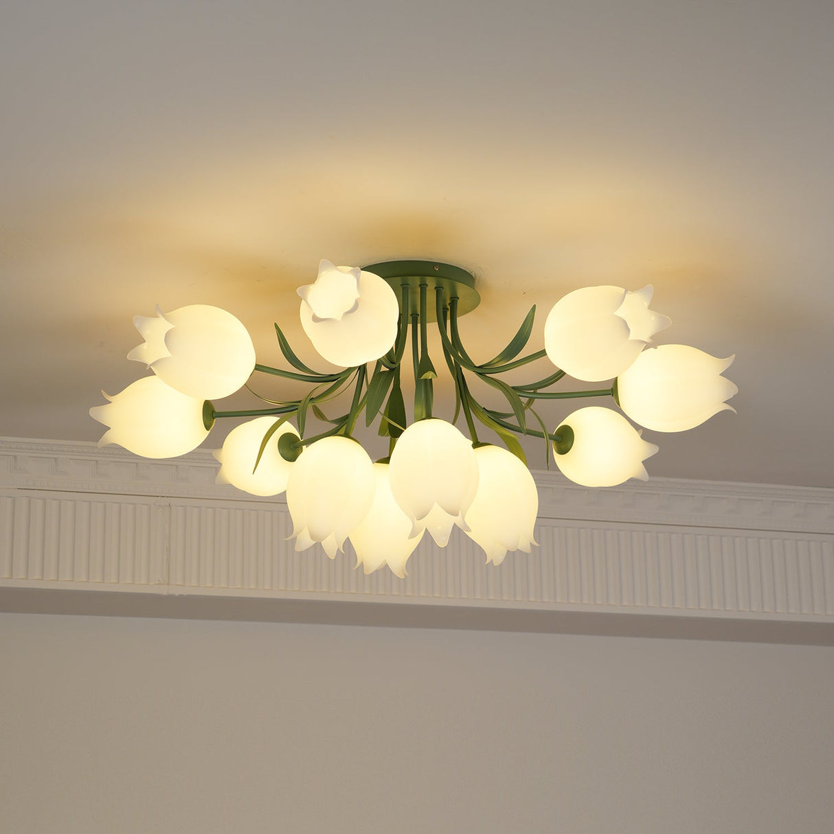 Floral Ceiling Light White Tulip Glass Shades With Green Metal Base - Product detail 32