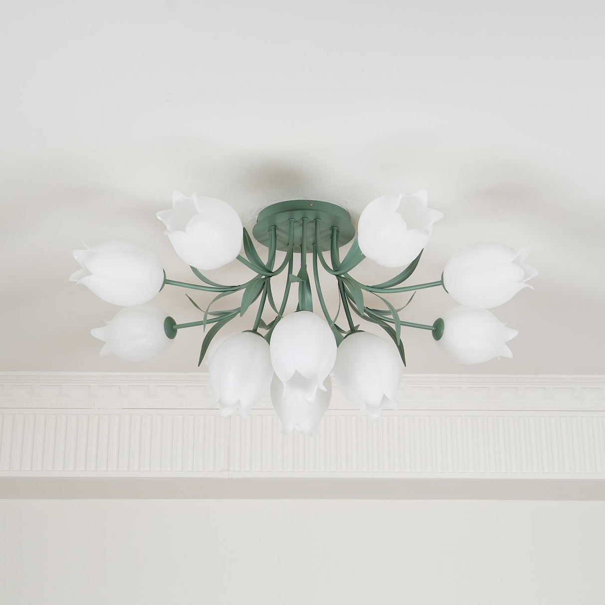 Floral Ceiling Light White Tulip Glass Shades With Green Metal Base - Product detail 33