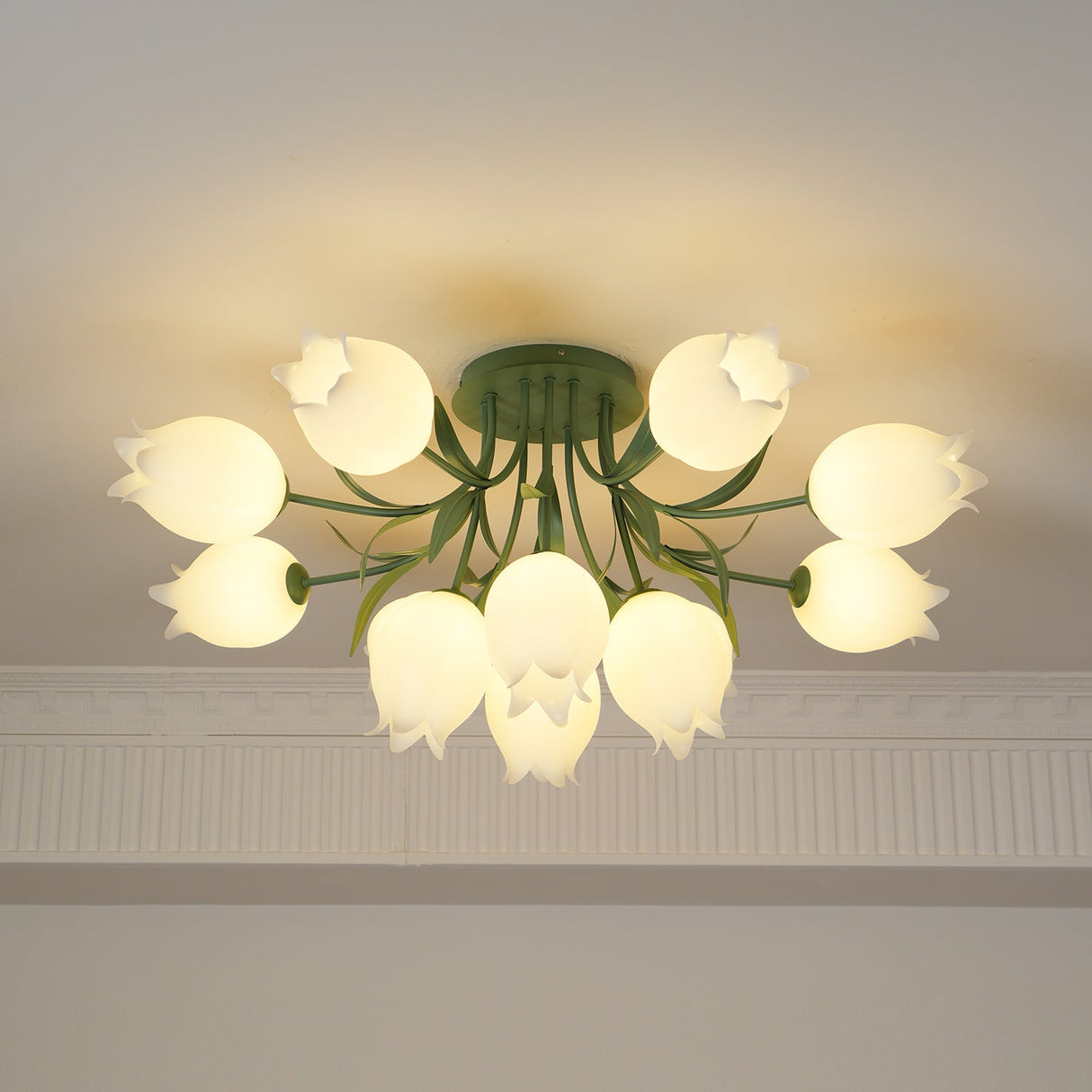 Floral Ceiling Light White Tulip Glass Shades With Green Metal Base - Product detail 34