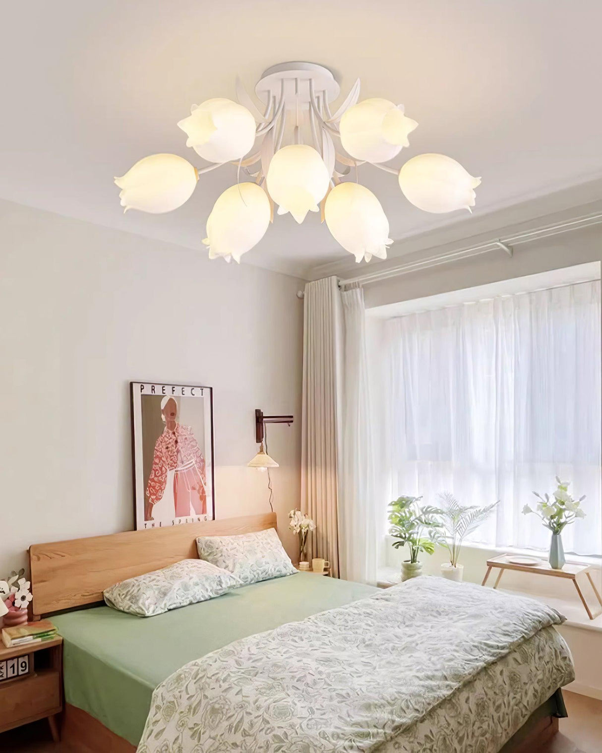 Floral Ceiling Light White Tulip Glass Shades With Green Metal Base - Product detail 10