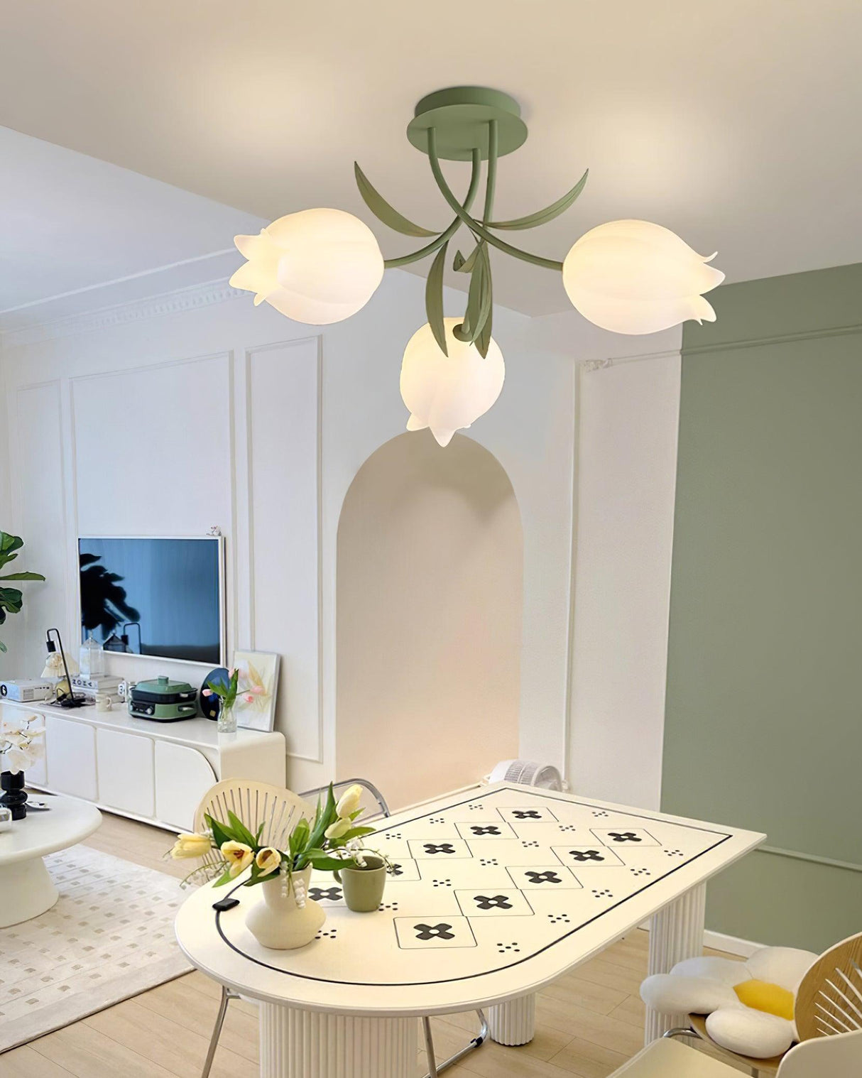 Floral Ceiling Light White Tulip Glass Shades With Green Metal Base - Product detail 9
