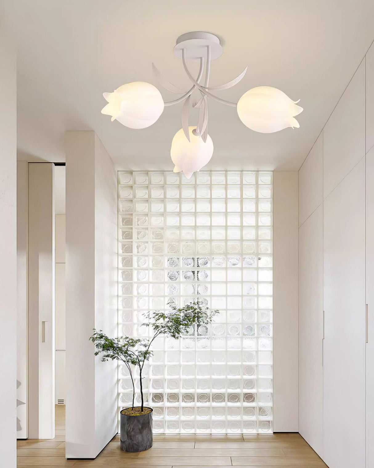 Floral Ceiling Light White Tulip Glass Shades With Green Metal Base - Product detail 8