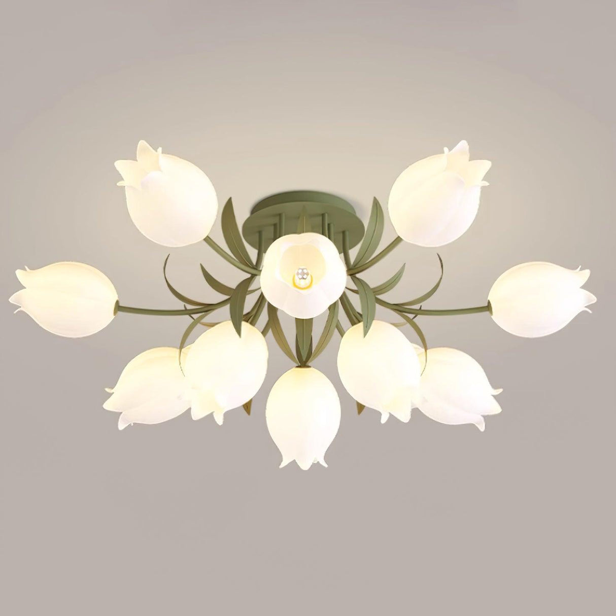 Floral Ceiling Light White Tulip Glass Shades With Green Metal Base - Product detail 42