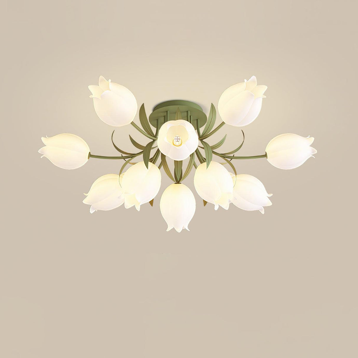 Floral Ceiling Light White Tulip Glass Shades With Green Metal Base - Product detail 48