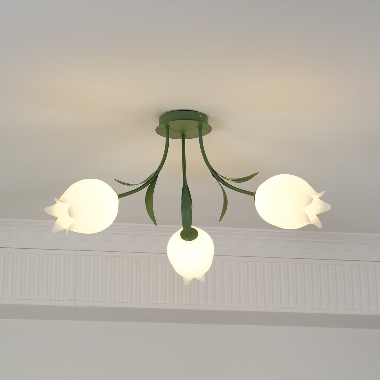 Floral Ceiling Light White Tulip Glass Shades With Green Metal Base - Product detail 18