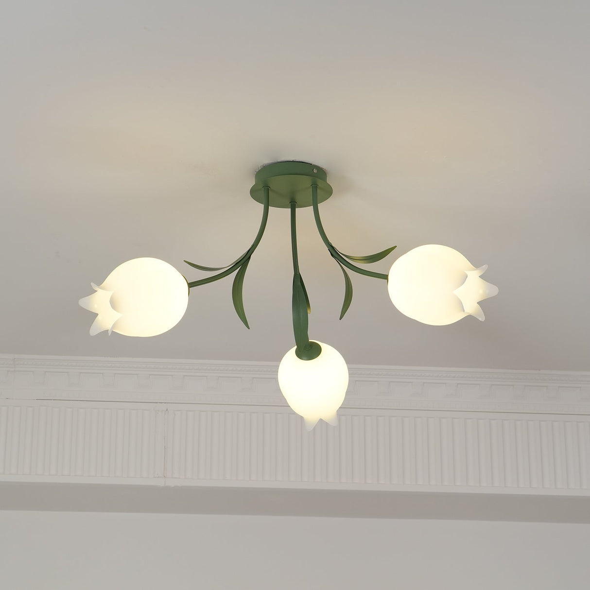 Floral Ceiling Light White Tulip Glass Shades With Green Metal Base - Product detail 23