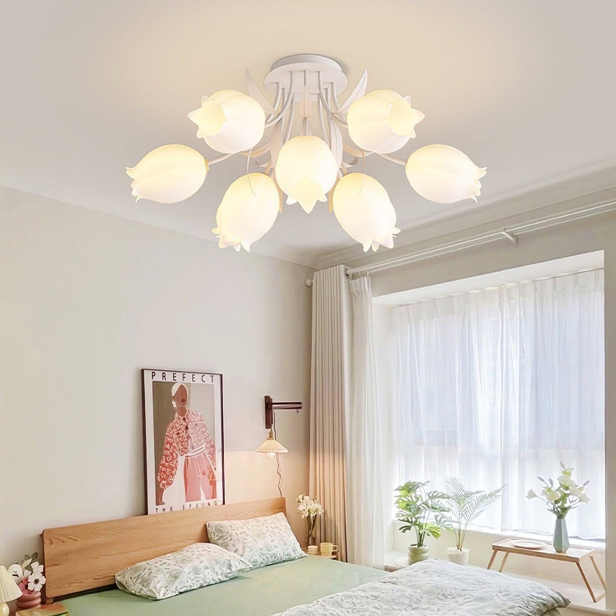 Floral Ceiling Light White Tulip Glass Shades With Green Metal Base - Product example