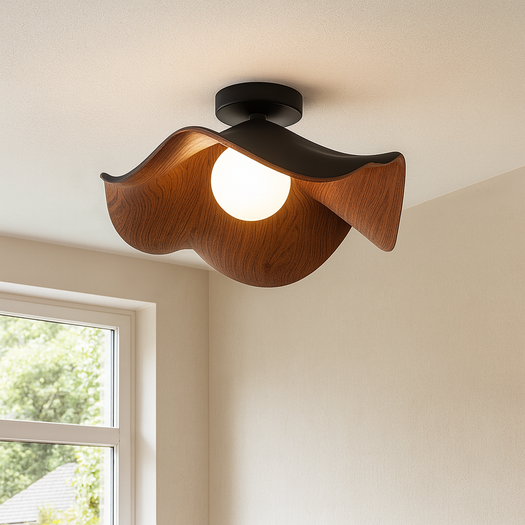 Modern Flower Ceiling Light Wood Grain Petal Design - Detailed view