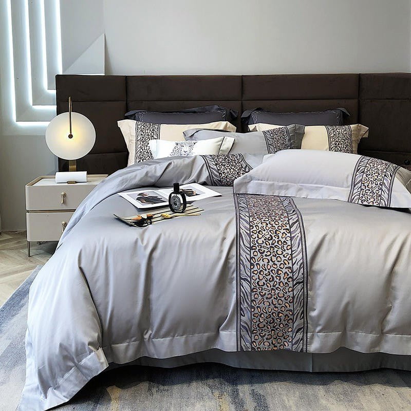 Luxury Egyptian Cotton Bedding Set  Embroidered Grey Pattern - Detailed view