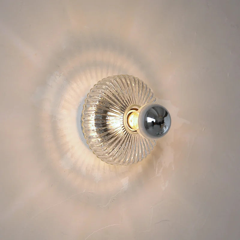 Vintage Glass Wall Lamp Ribbed Dome Shade With Chrome Accent - Detailed view