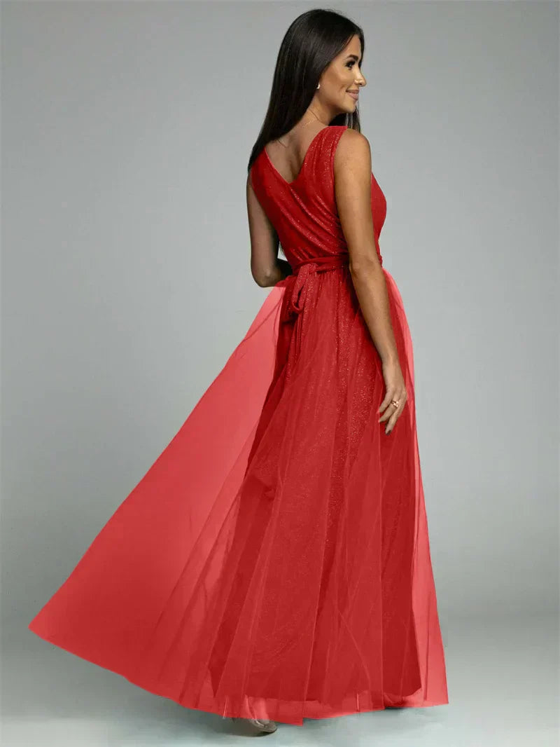 Evening Gown Maxi Dress V-Neck Split Mesh Design - Product detail 5
