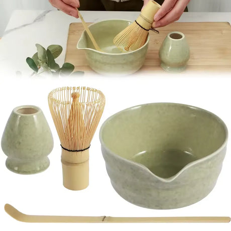 Traditional Matcha Tea Set  Ceramic Bowl With Bamboo Tools - Product showcase