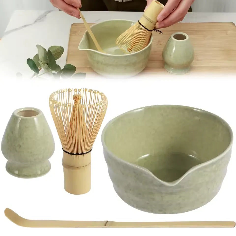 Traditional Matcha Tea Set Ceramic Bowl With Bamboo Tools - Product showcase