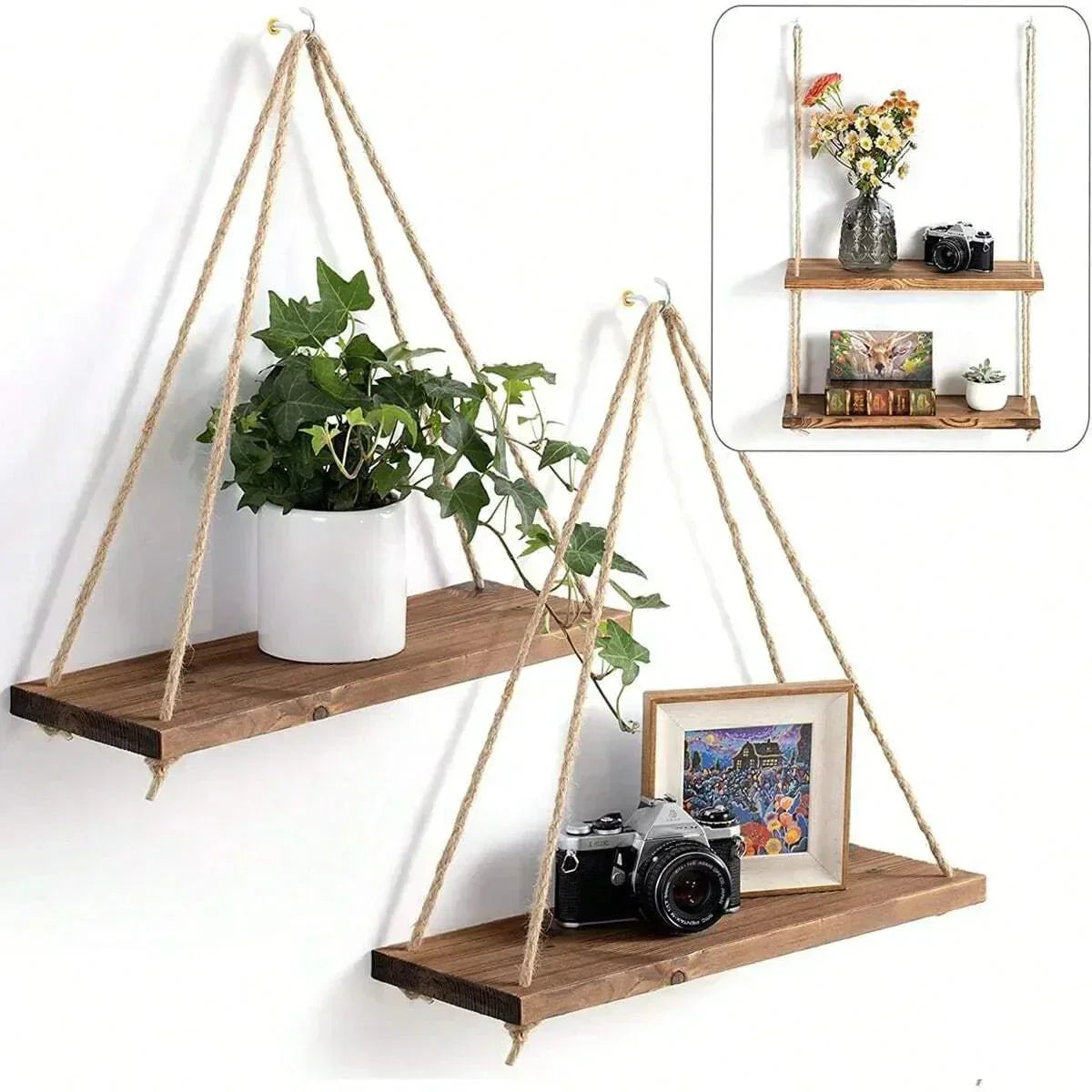Hanging Wall Shelf Natural Wood with Hemp Rope - Detailed view