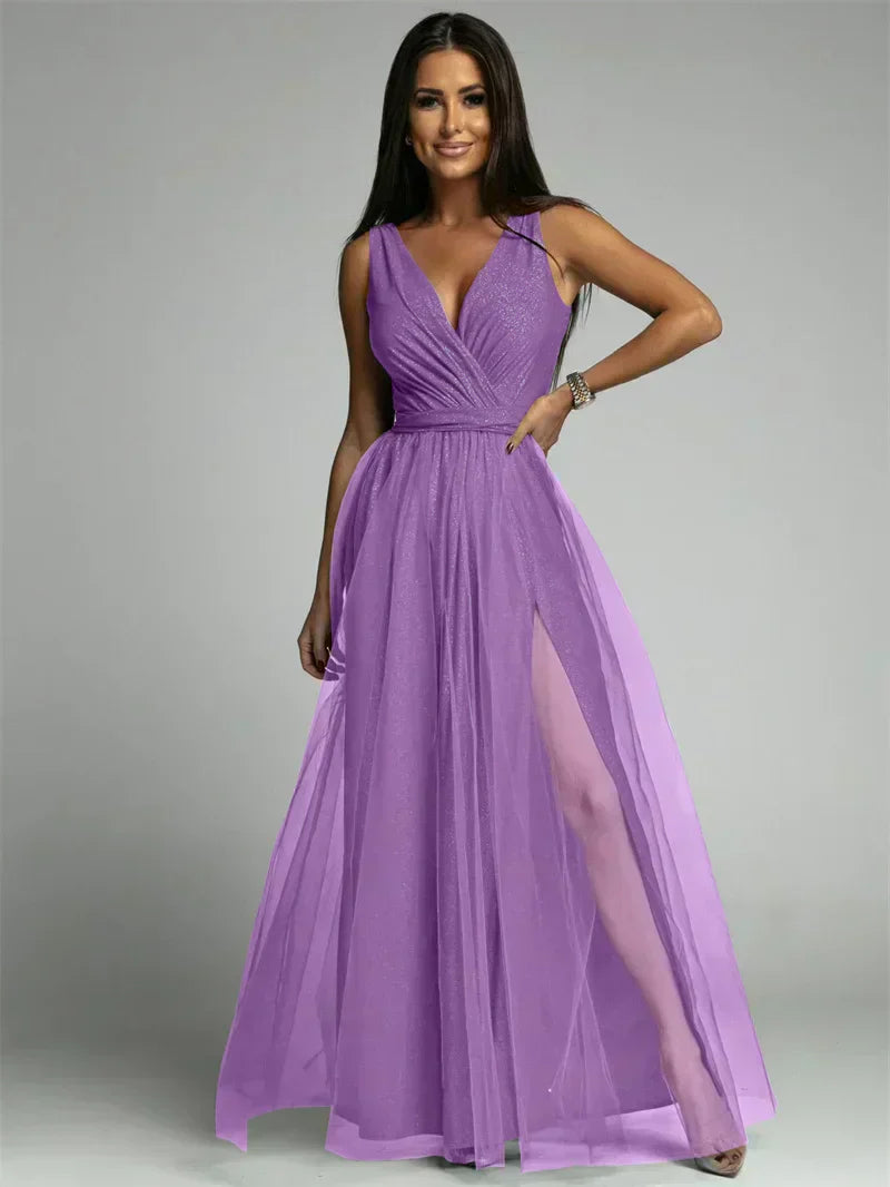 Evening Gown Maxi Dress V-Neck Split Mesh Design - Detailed view
