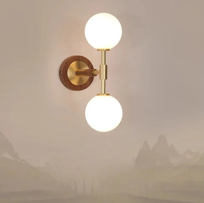Modern Dual Globe Wall Light Brass Wood Accent Design - Detailed view