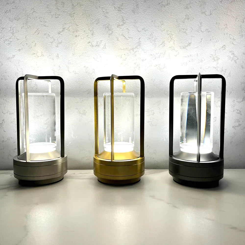 Modern LED Table Lamp Glass Cylinder Metal Frame Design - Product showcase