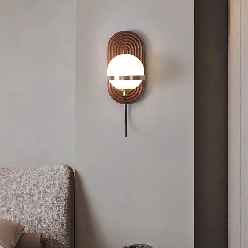 Modern Spherical Wall Lamp Walnut Wood Globe Design - Product detail 4