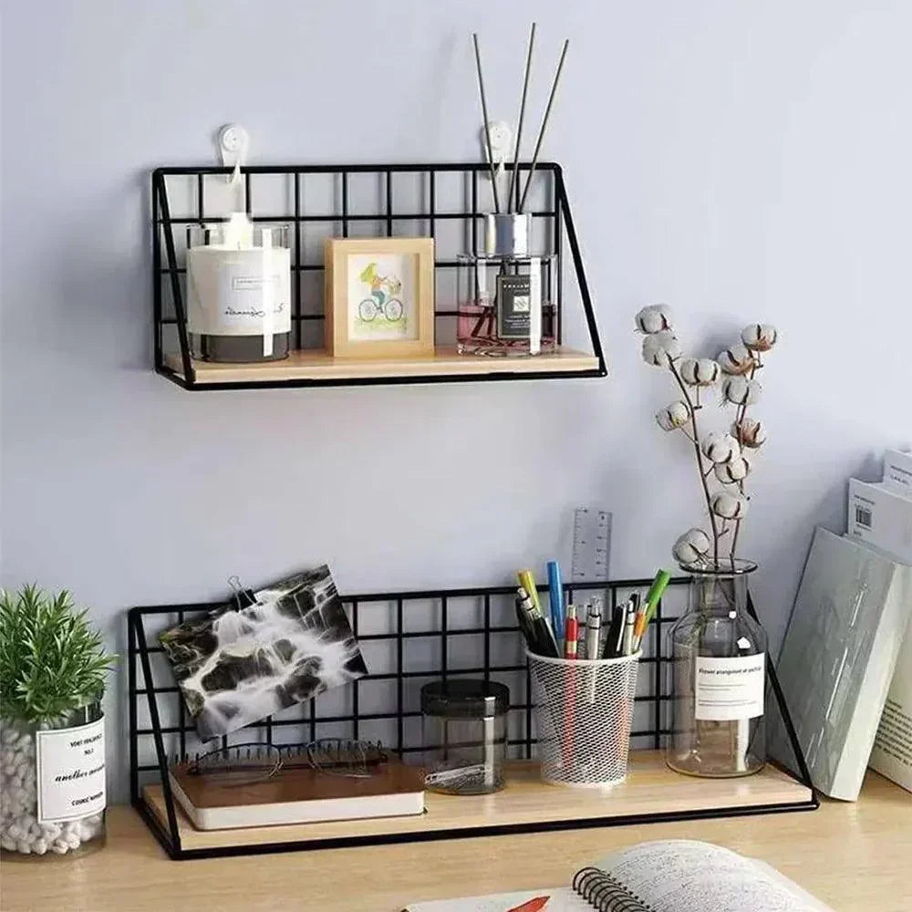 Modern Wall Shelf Black Metal Grid Wood Display - Detailed view