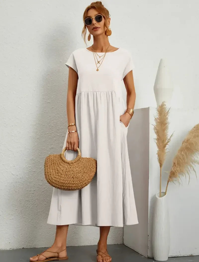 Casual Midi Dress Loose Fit Cotton Blend - Detailed view