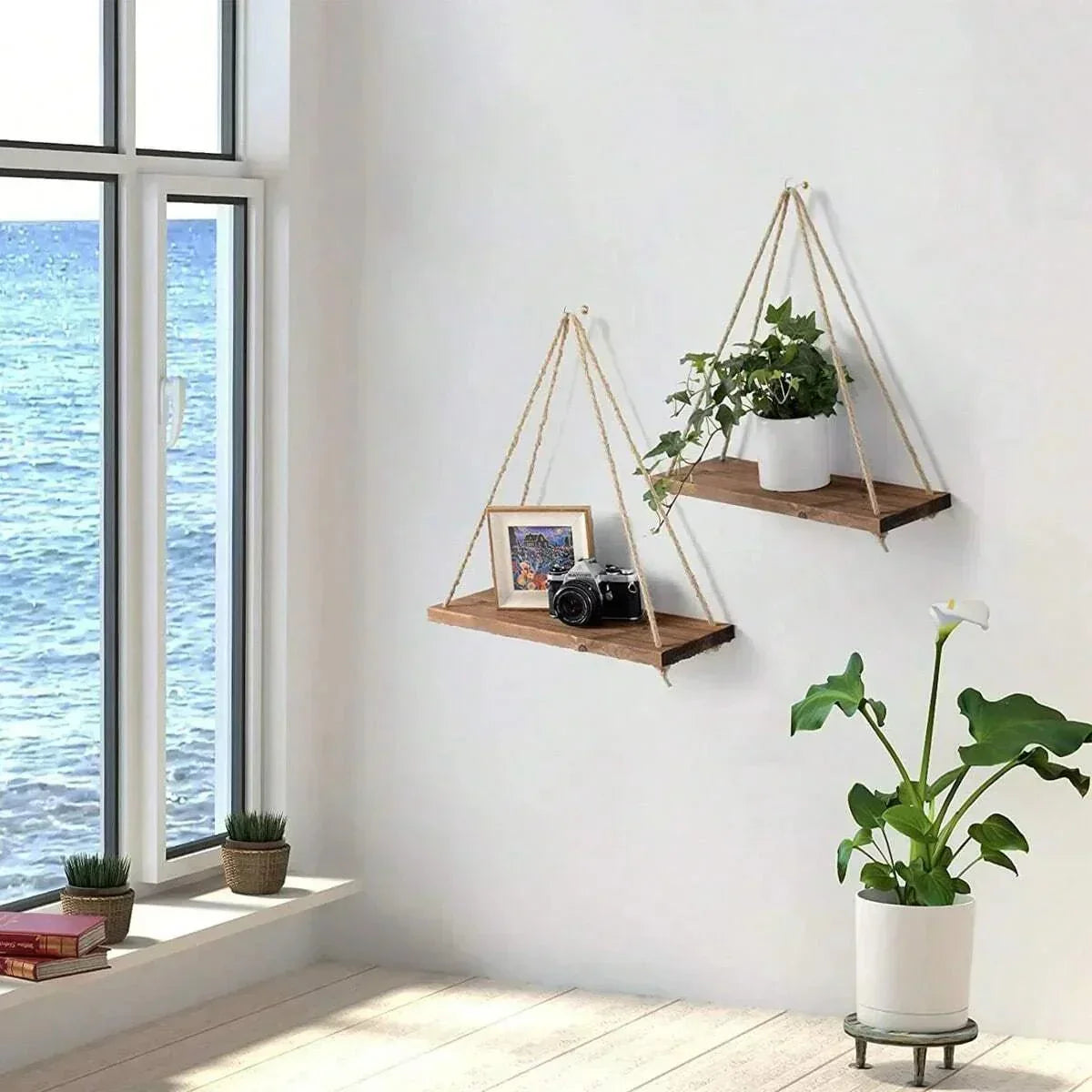 Hanging Wall Shelf Natural Wood with Hemp Rope - Product example