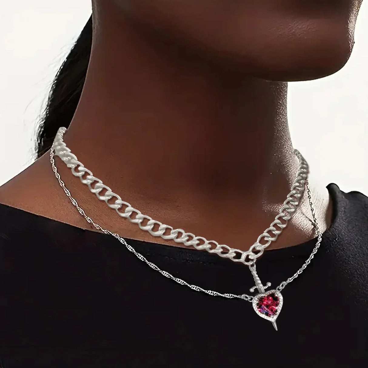 Romantic Pendant Necklace Set  Heart And Sword Design With Crystal Accents - Product detail 4