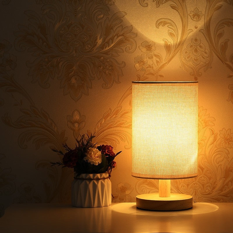 Scandinavian Table Lamp Solid Wood Base With Fabric Shade - Product example
