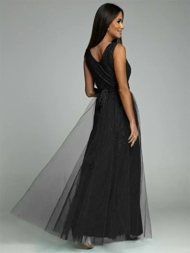 Evening Gown Maxi Dress V-Neck Split Mesh Design - Product detail 9