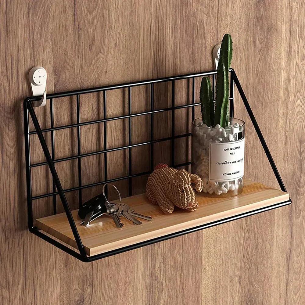 Modern Wall Shelf Black Metal Grid Wood Display - Product detail 4