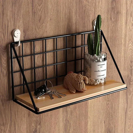 Modern Wall Shelf  Black Metal Grid Wood Display - Product detail 4
