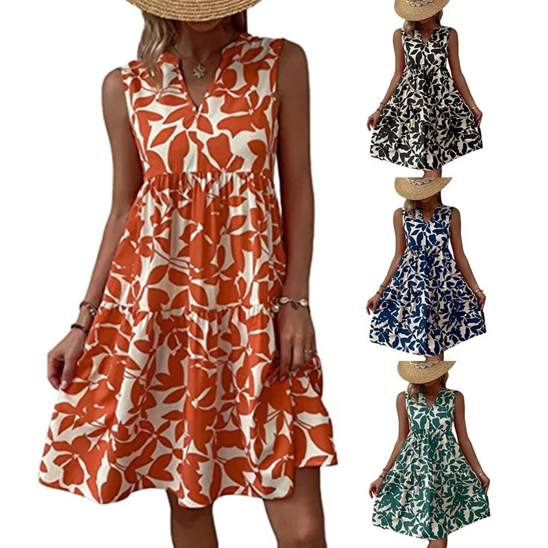 Summer Floral Dress V-Neck Tiered Cotton Design - Product showcase