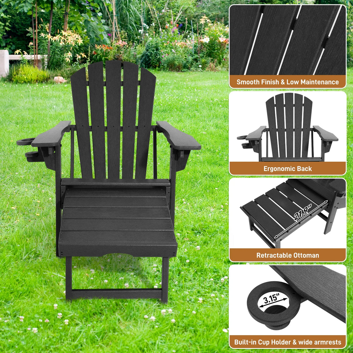 Adjustable Adirondack Chair HDPE Outdoor Recliner With Ottoman - Product detail 5