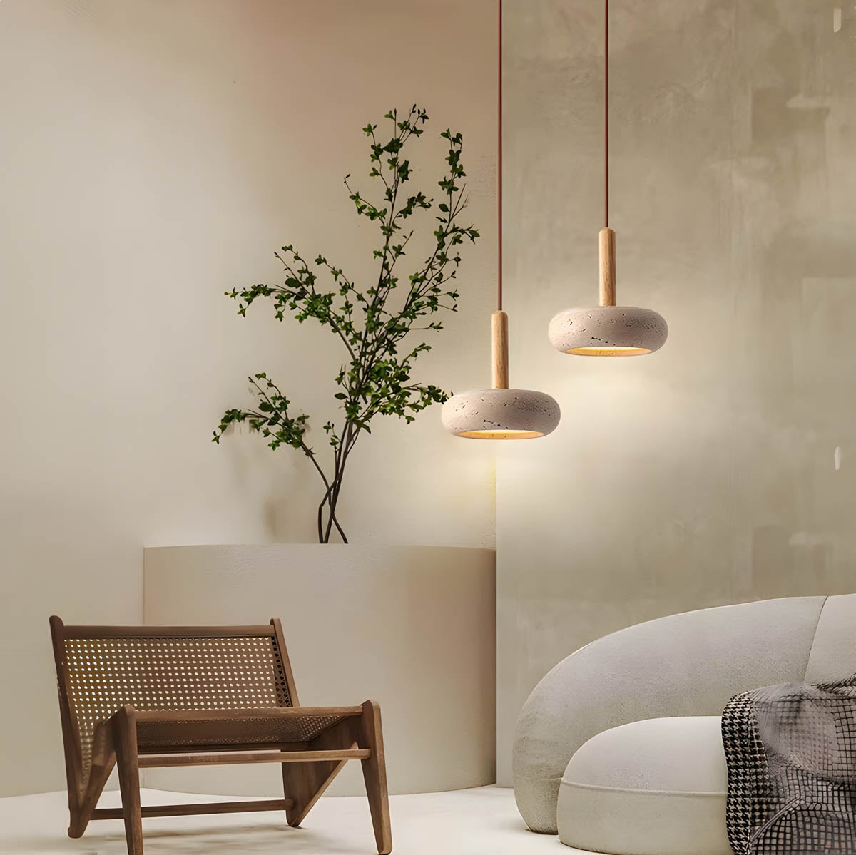 Natural Stone Pendant Light Yellow Travertine With Wood Accent - Product detail 9