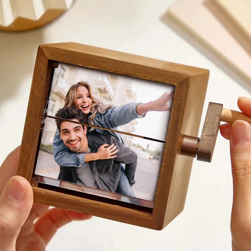 Wooden Photo Flipbook Frame Hand-Cranked Memory Display Box - Product showcase