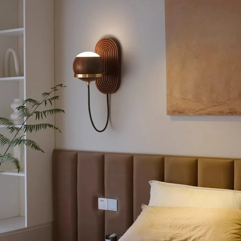 Modern Spherical Wall Lamp Walnut Wood Globe Design - Product example