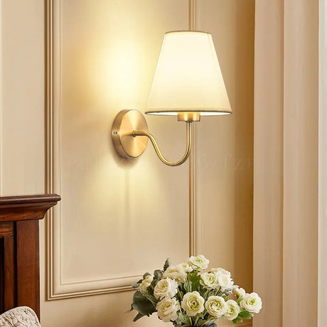 Modern Wall Sconce  Brushed Gold with Fabric Shade - Detailed view