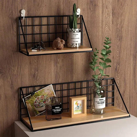 Modern Wall Shelf  Black Metal Grid Wood Display - Product detail 6