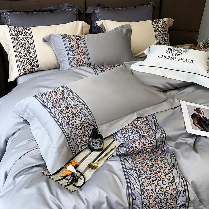 Luxury Egyptian Cotton Bedding Set  Embroidered Grey Pattern - Product example