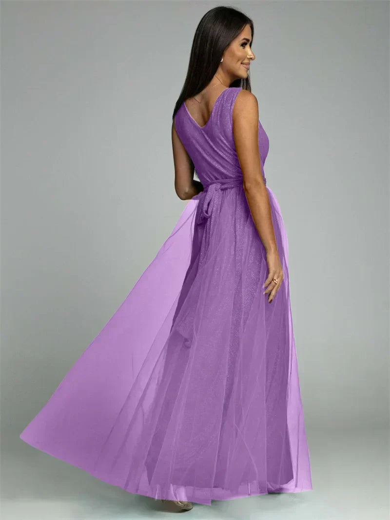 Evening Gown Maxi Dress V-Neck Split Mesh Design - Product example