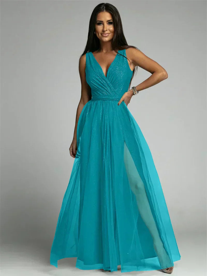 Evening Gown Maxi Dress V-Neck Split Mesh Design - Product detail 10