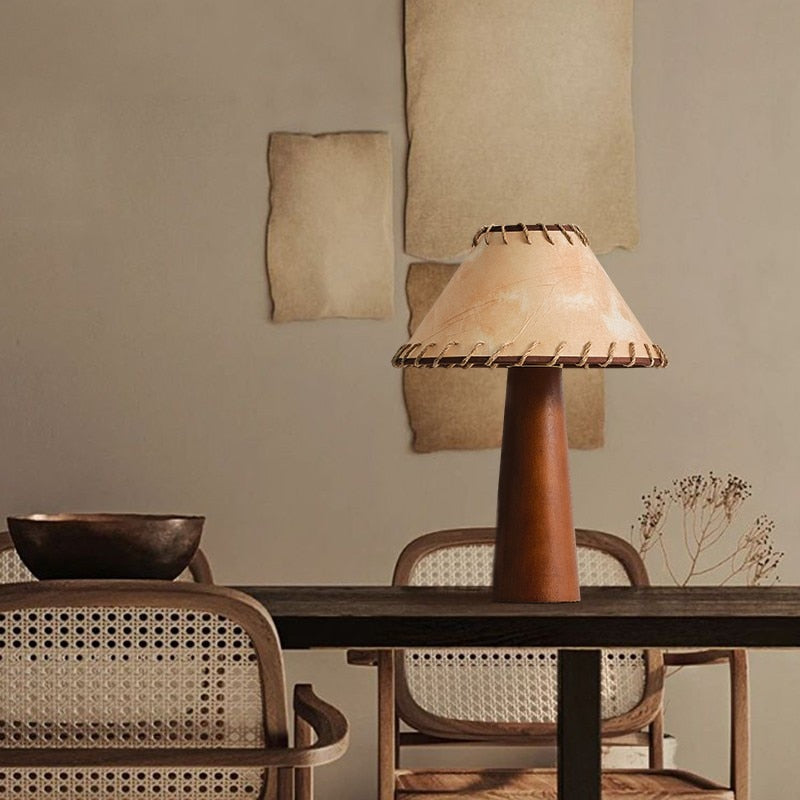 Wabi-Sabi Table Lamp Wooden Base with Handstitched Shade - Product example