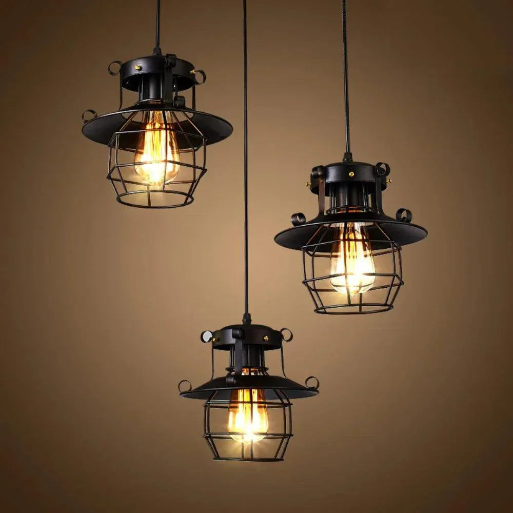 Industrial Pendant Light Black Metal Cage Design - Detailed view