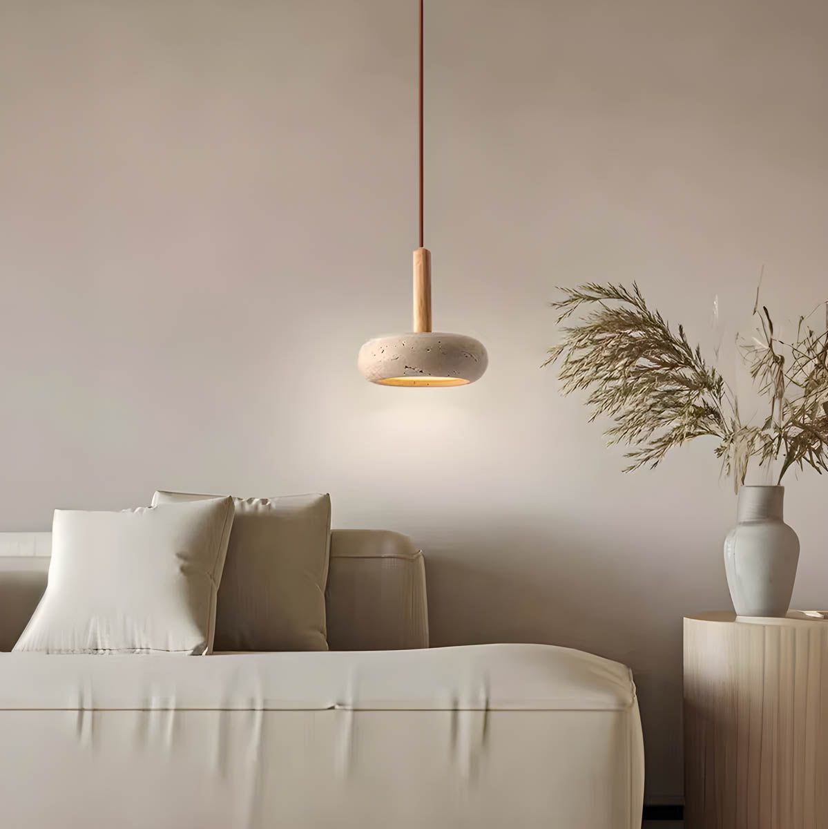Natural Stone Pendant Light Yellow Travertine With Wood Accent - Product detail 7