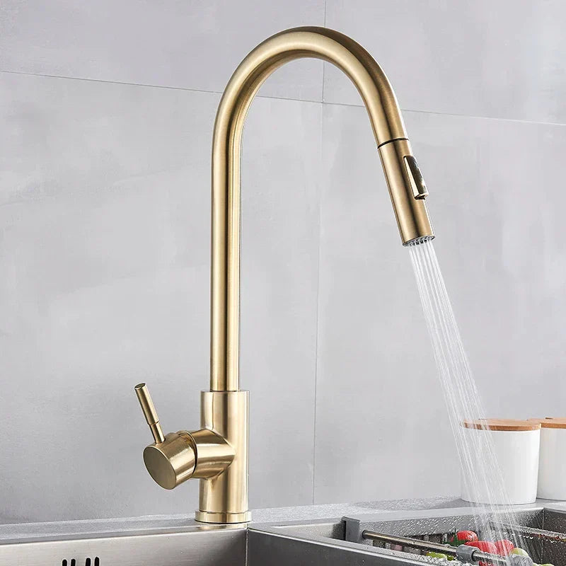 Modern Kitchen Faucet Brushed Gold Pull Down Sprayer - Product showcase
