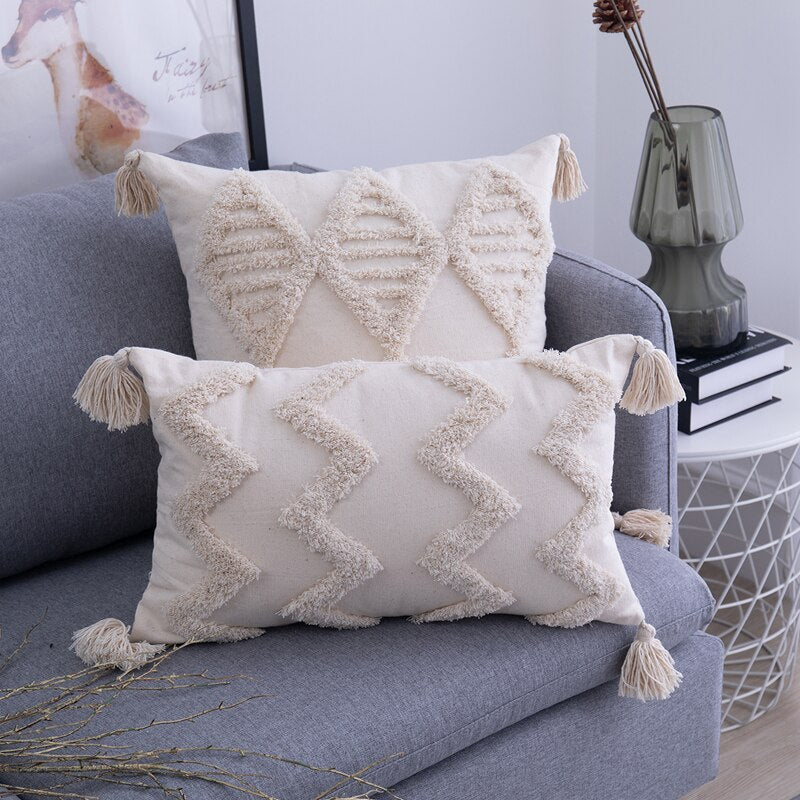 Tufted Throw Pillow Covers  Geometric Cotton With Tassels - Detailed view